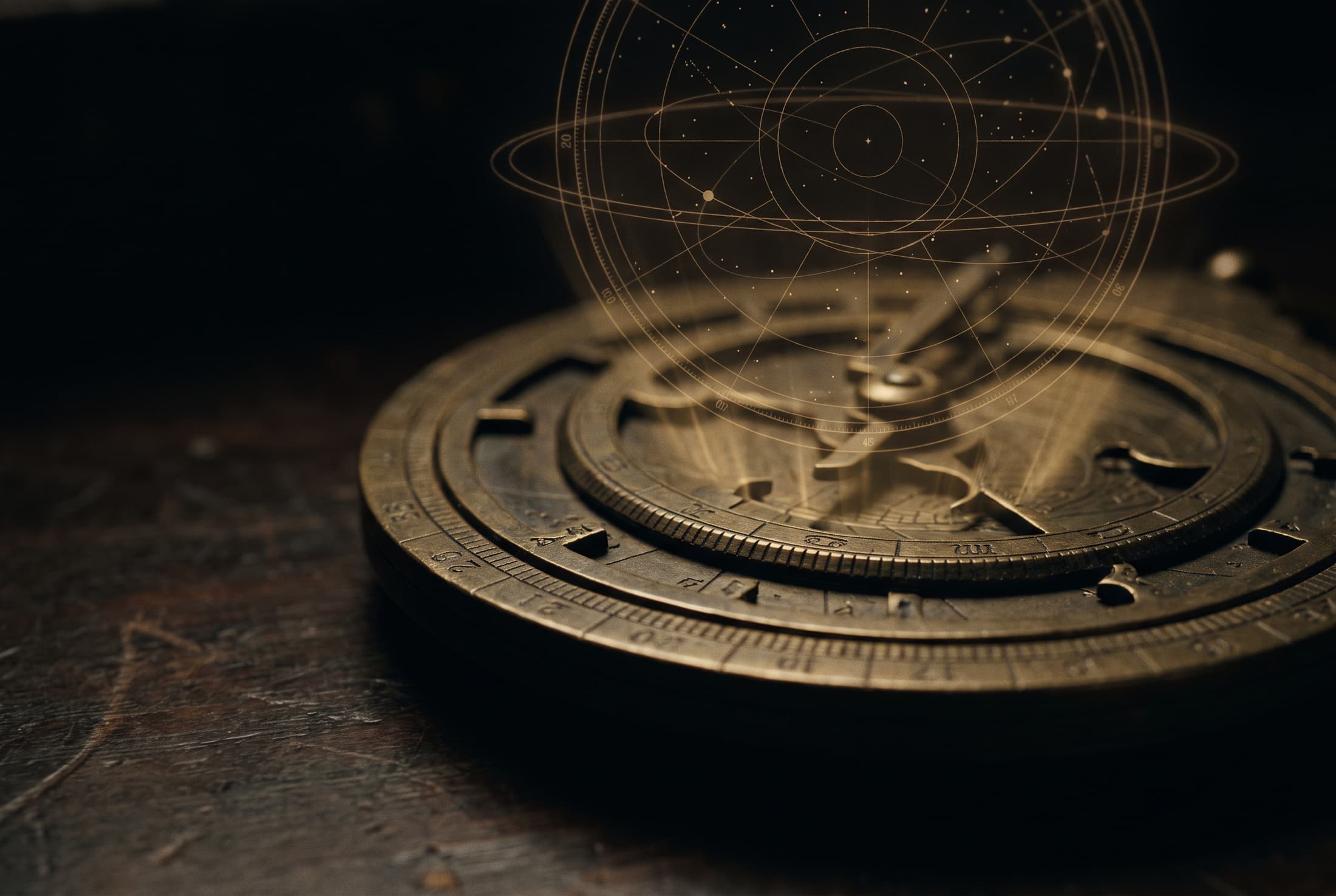 An antique brass astrolabe projecting a glowing chart of stars and orbital circles above itself in the dark