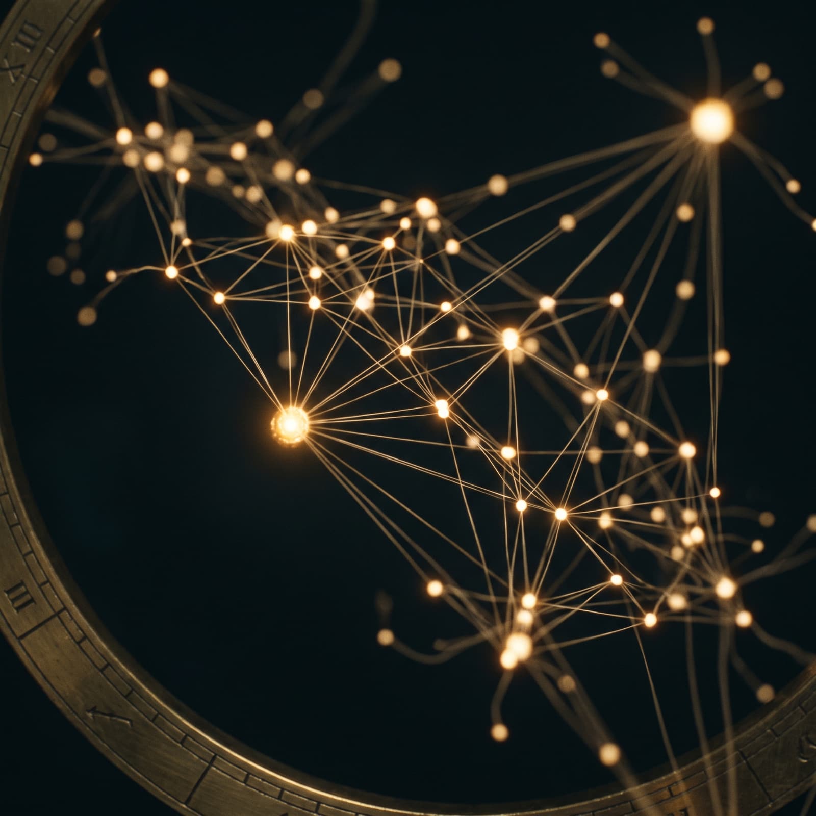 Golden points of light joined by fine threads into a neural network, framed by an engraved astrolabe ring