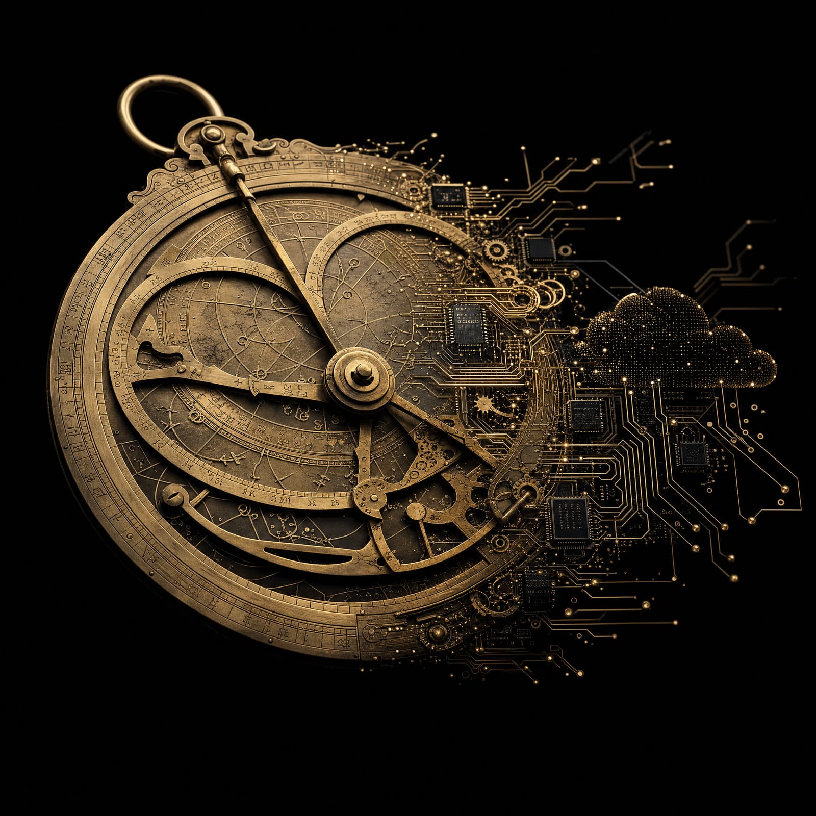 An engraved brass astrolabe whose rim and gears transform into microchips, circuit traces and a cloud of golden data points