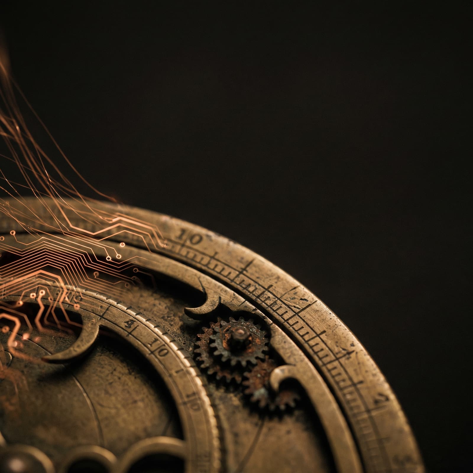 An astrolabe’s engraved rim dissolving into fine copper circuit traces that stream away as light