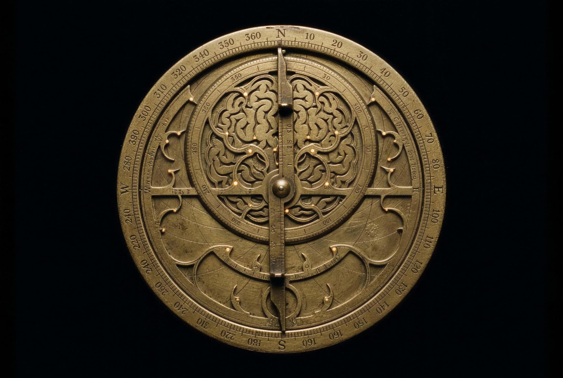 An antique brass astrolabe whose openwork rete is shaped as a human brain, small golden points of light along the traces