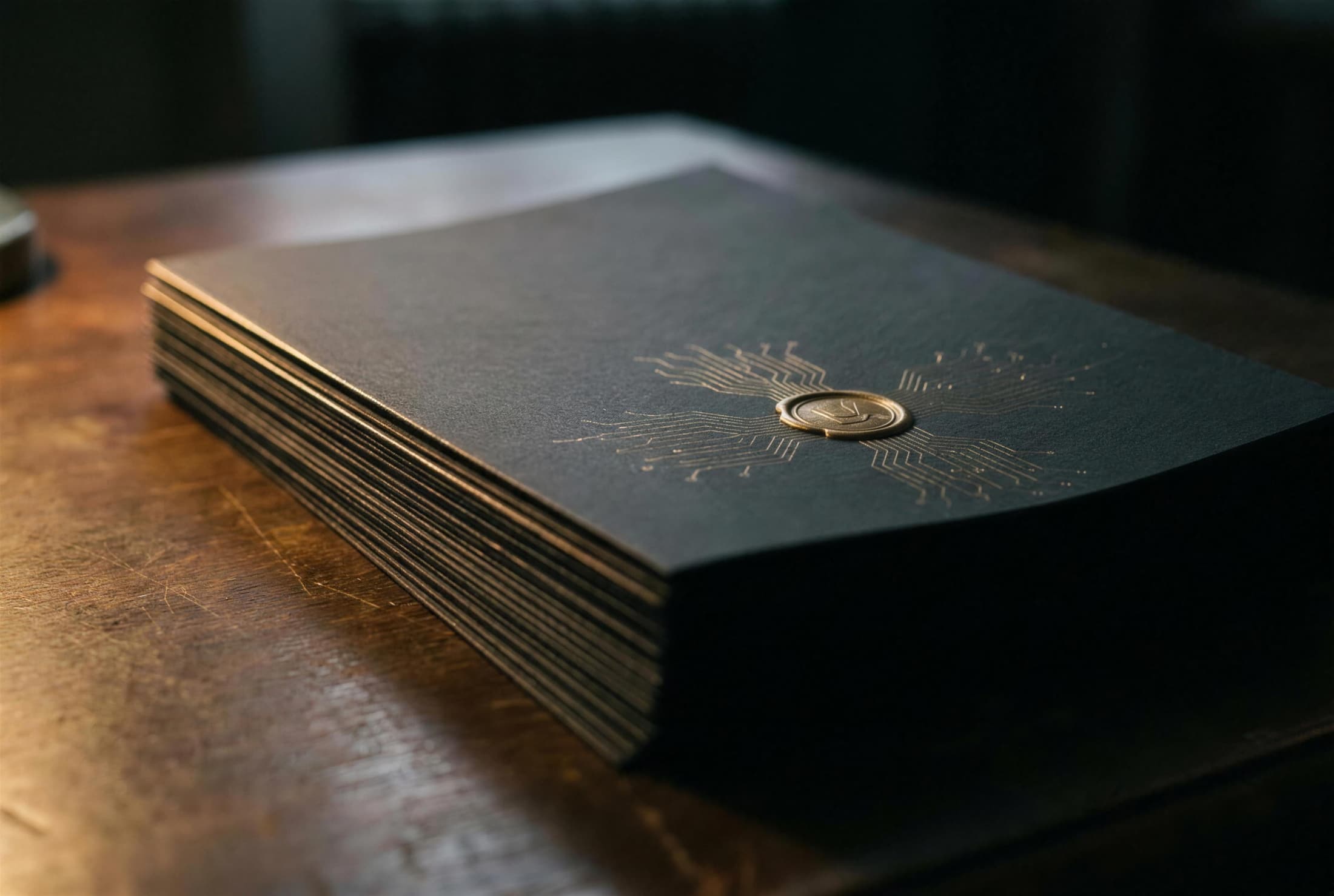 A stack of dark documents on a walnut desk, the top sheet bearing a small brass seal with fine golden circuit traces spreading from it